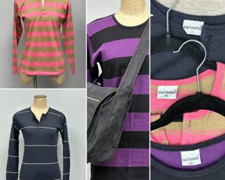 A classic vintage Marimekko long-sleeve pink and tan striped cotton jersey henley top w a buttoned half-placket neckline, size XXL, and a vintage Marimekko navy blue long-sleeve henley shirt featuring thin white horizontal stripes and a buttoned placket neckline, size L