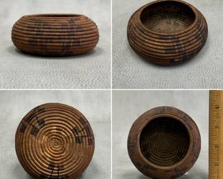A beautiful, very well woven rod coiled antique Native American basket, likely Pomo, Pima/Akimel O'odham, or  Tohono O'odham Nation; basket measures 4 inches wide