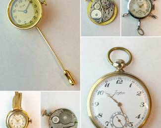 A vintage gold-tone stick pin watch; antique Junghans pocket watch, Germany; a vintage Clinton mechanical ship's wheel pendant or lapel watch