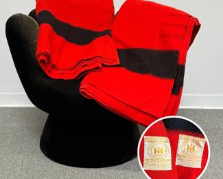 Two Hudson Bay Point State red and black 100% wool blankets, 96" x 72" made in England