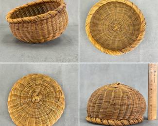 More views of the hand-woven wicker bowl or basket featuring a rounded, bulbous shape and a thick, braided rim; 7"W x 4-3/4"H