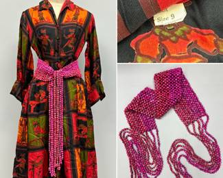 A vintage patterned long-sleeve midi shirt dress with colorful, printed multi-paneled circus and acrobat design, size 9; paired with a vibrant pink multi-strand woven seed bead beaded waist belt