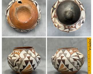 More views of the historic Native American Pueblo polychrome pottery vessel, likely an Acoma or Laguna pueblo olla from the early-to-mid 20th century, featuring hand-painted geometric patterns and stylized floral elements over a white slip; approximately 6-3/4 inches tall