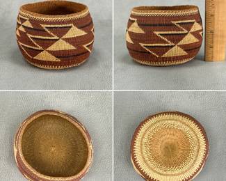 More views of the beautiful Hupa/Yurok/Karuk polychrome basket hand-woven with natural fibers to display traditional geometric motifs in natural brown, tan, and black. Approximately 3-1/2"H x 5" W.