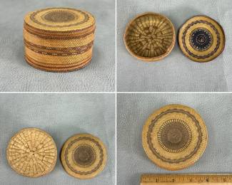 More views of the Northwest Coast Native American small lidded circular basket with concentric geometric patterning and tight coiled construction; 4 inches wide.