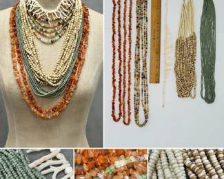 A variety of beaded necklaces featuring coral, multi strand heishi beads, natural gems, glass, trade beads