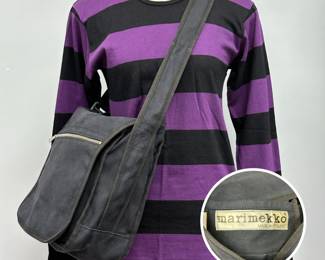 A vintage Marimekko purple and black striped long-sleeve cotton blend top size XXL, and a vintage Marimekko Olkalaukku Urbaani crossbody bag crafted in black cotton canvas with a distinctive front zippered flap
