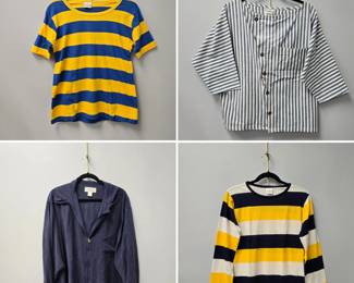 #FreshVintage time: women's shirts including a short-sleeve t-shirt with bold blue & yellow horizontal stripes and scoop neckline; a vintage BonJour blue and white striped shirt, with an off-center, asymmetrical button placket, an oversized boxy silhouette, and a chest patch pocket; a Banana Republic "Safari & Travel Clothing Co." navy blue full-zip lightweight shirt or overshirt featuring a point collar, front zipper closure, and a single chest pocket; and a vintage Esprit by Campus long-sleeve crewneck t-shirt with bold horizontal stripes in navy blue, yellow, and off-white, size M.
