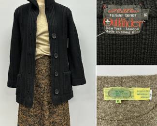 A Renée Tener for Outlander black ribbed knit wool cardigan with a stand-up collar and front buttons; a French Connection 2 silk blend heathered knit boatneck pullover sweater size XL; a vintage bespoke textured brown-and-black marled skirt