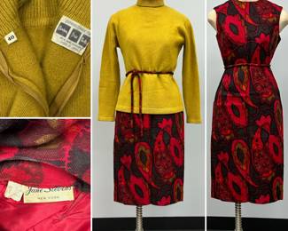 A 1960s vintage sleeveless sheath dress by Jane Stevens, featuring a striking red, orange, and dark charcoal grey psychedelic paisley pattern, with a coordinating thin rope belt, size 13; and a gold-color cashmere ribbed turtleneck sweater, size 40.