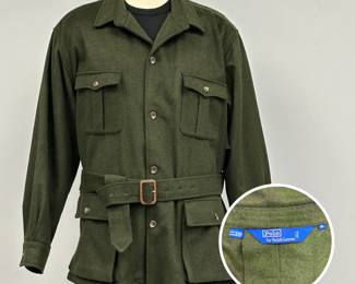 Vintage Polo Ralph Lauren wool belted safari/field jacket in a classic olive drab colorway; size XL