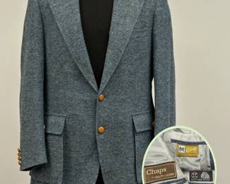 Vintage Chaps Ralph Lauren men's 2-button sport coat/blazer, 100% wool tweed featuring a heathered or flecked blue coloration