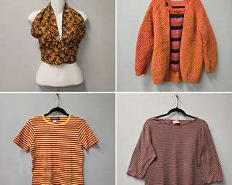 A women's vintage black and orange batik-print halter crop top featuring a deep V-neckline; an oversized zipper-front knit cardigan in textured, multi-colored marled yarn in vibrant shades of pink and orange, layered over a striped knit top; a vintage Cesarani short-sleeve T-shirt featuring bold red and yellow horizontal stripes; and women’s burgundy and white finely striped boat-neck top with three-quarter sleeves.
