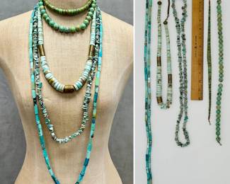 A selection of turquoise beaded necklaces – smooth rounds, heishi beads, nugget chips, and with cylindrical metal separators, from choker to opera length