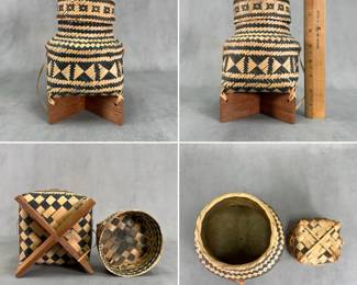 More views of the 19th C. southeast Asian circular basket of plaited black and white rattan, square base, cylindrical neck and cover, its base is fixed to two pieces of wood at right angles; 9 inches tall in total. Per similar example in the British Museum, it’s from the Laos or northern Thailand area, likely made by the Shan or Tai Yuan ethnic groups, and was used to keep cooked sticky rice.