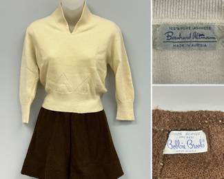 A Bernhard Altmann pale yellow knit cashmere pullover sweater with a v-neck collar and textured triangular detailing above the ribbed hem; and a pair of Bobbie Brooks brown textured boucle knit flare shorts