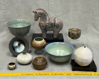 A selection of glazed art pottery / stoneware bowls and jars, some Chinese and/or Japanese; a vintage replica Tang Dynasty horse statue on wooden plinth,