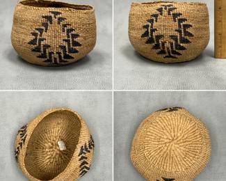 More views of the antique Native American Shastan / Shasta Group twined woven basket with Shaman Hands motif; early 20th C., 4-1/2 inches tall