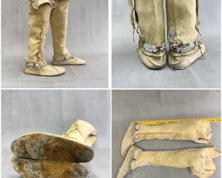 More views of the antique Native American high-top or legging-style moccasins, crafted from tanned hide with intricate beadwork, side fringe and hard soles. Commonly associated with Southern Plains traditions from the late 19th to early 20th century.