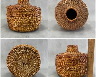 More views of the Native American pitch-covered woven jar, 7-1/2" tall
