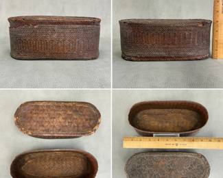 More views of the antique hand woven twill plaited Southeast Asian lidded basket, 10"L x 4"H.; collector's label reads "very old tobacco basket Thailand"