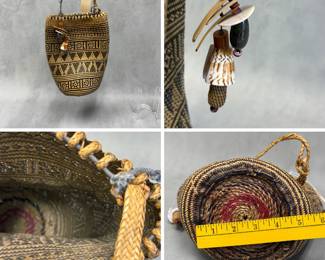 A traditional hand-woven Ajat basket bag crafted by the Penan or Dayak indigenous people of Borneo, featuring intricate geometric tribal patterns and a decorative shell charm attached to the strap