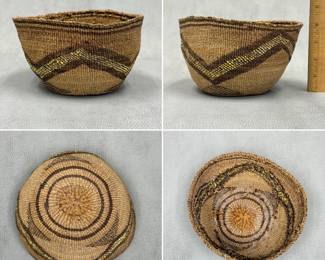 More views of the old Klamath Tribes / Maklaks hand-woven, twined basket or basket hat with dark browns and yellow/cream overlay in geometric mountain peak motif;  7"W x 4"H