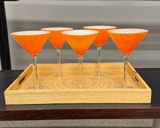 Closer look at that set of five Carlo Moretti-style mid-century modern orange cased glass long-stemmed martini or cocktail glasses with clear stems