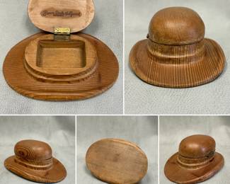 A 1940s-50s vintage wood Brown Derby Hat cigarette box from the Brown Derby restaurant in Hollywood, California. Distributed as a souvenir or tabletop container at the iconic Hollywood restaurant. Stamped on the underside of the lid "Brown Derby Hollywood/Trademark". 3" H x 7.25" L x 5" W.