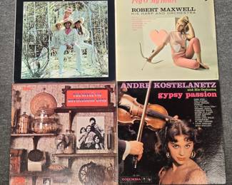 33-1/3 Vinyl albums: The Carnival (self-titled); Robert Maxwell, His Harp and Orchestra Peg O' My Heart; The Apple Pie Motherhood Band (self-titled); and André Kostelanetz and His Orchestra Gypsy Passion 
