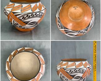 More views of the beautiful large Acoma Pueblo polychrome pottery jar, approx. 10 inches tall, marked with “Acoma” on the base along with artisan initials “ML.” The traditional white-slip background is beautifully contrasted by black mineral paint and warm terracotta-orange slip, creating a classic three-color polychrome design.