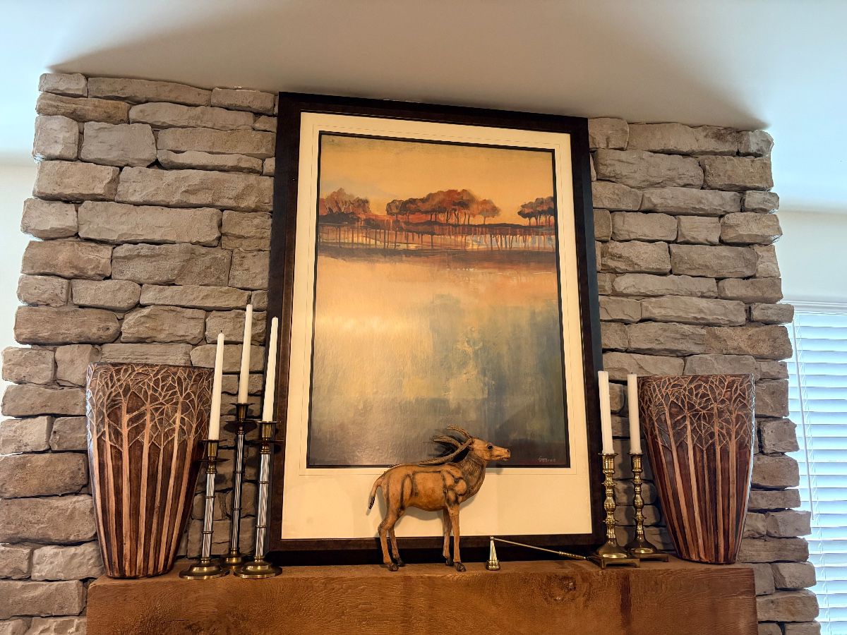 Large framed print, vase set, brass accents