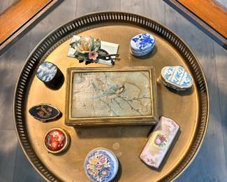 Brass round tray and porcelain trinket boxes
