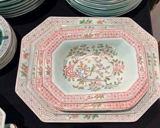 Adams Calyx Ware dinnerware in the Singapore Bird pattern, featuring a distinctive octagonal shape and colorful bird-and-floral motif