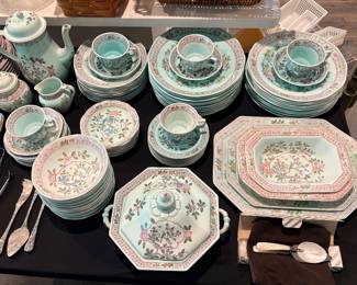 Adams Calyx Ware dinnerware in the Singapore Bird pattern, featuring a distinctive octagonal shape and colorful bird-and-floral motif