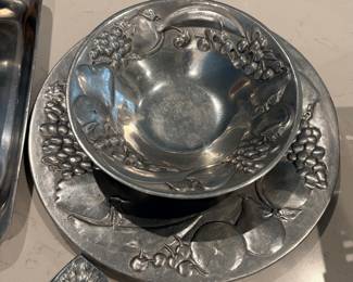 vintage Wilton RWP Armetale pewter bowl and platter set featuring a raised fruit design