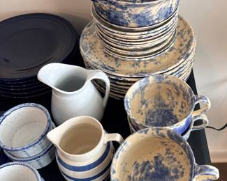 blue spongeware and spatterware pieces match the signature work of North Carolina studio potter John Garrou, Black Mountain North Carolina