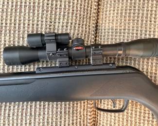 Gamo Varmint .177 Caliber Break Barrel Air Rifle, featuring a matte black synthetic stock and a mounted Gamo scope.The rifle operates using a spring-piston mechanism designed for pest control and target practice