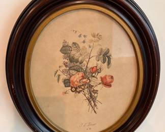 antique wall decor features a botanical print of roses and lilacs by Jean Louis (J.L.) Prévost, housed in a dark wood oval frame