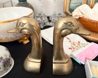vintage MCM solid brass mallard duck head bookends