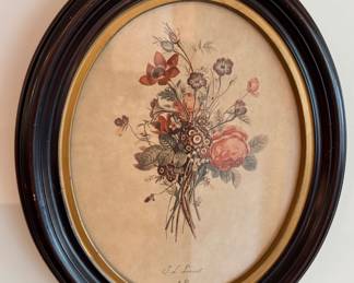 antique wall decor features a botanical print of roses and lilacs by Jean Louis (J.L.) Prévost, housed in a dark wood oval frame