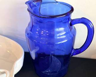 vintage cobalt blue glass pitcher from the Hazel Atlas Glass Company, likely from their 1930s Sportsman series