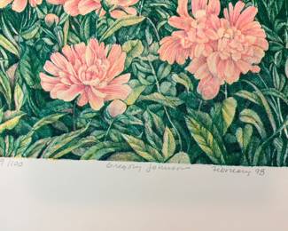 "Mothers Garden" lithograph signed by Gregory Johnson, featuring a garden scene with a white bench