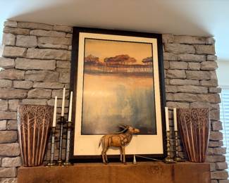 Large framed print, vase set, brass accents