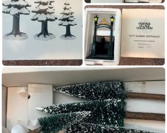 Frosted Fir trees, Subway Entrance, Flag Pole, and Department 56 Heritage Village porcelain pine trees