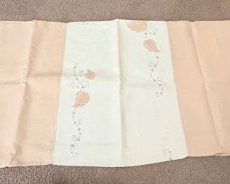 vintage embroidered linen tablecloth featuring a distinctive three-panel color block design with delicate floral leaf vines