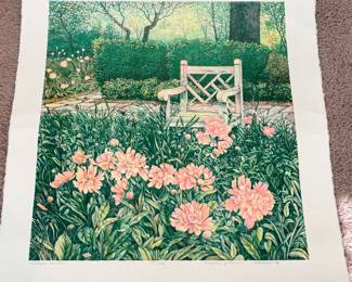 "Mothers Garden" lithograph signed by Gregory Johnson, featuring a garden scene with a white bench