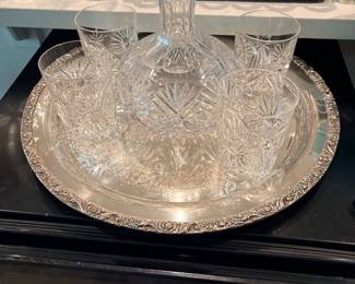 vintage American Brilliant Period cut crystal carafe and tumbler set, featuring intricate fan and hobstar patterns