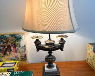 vintage Frederick Cooper candelabra lamp features a detailed brass base with a cream-colored drum shade