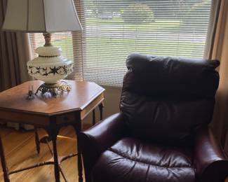 Leather recliner (matches the couch and loveseat), great vintage table, and lamp